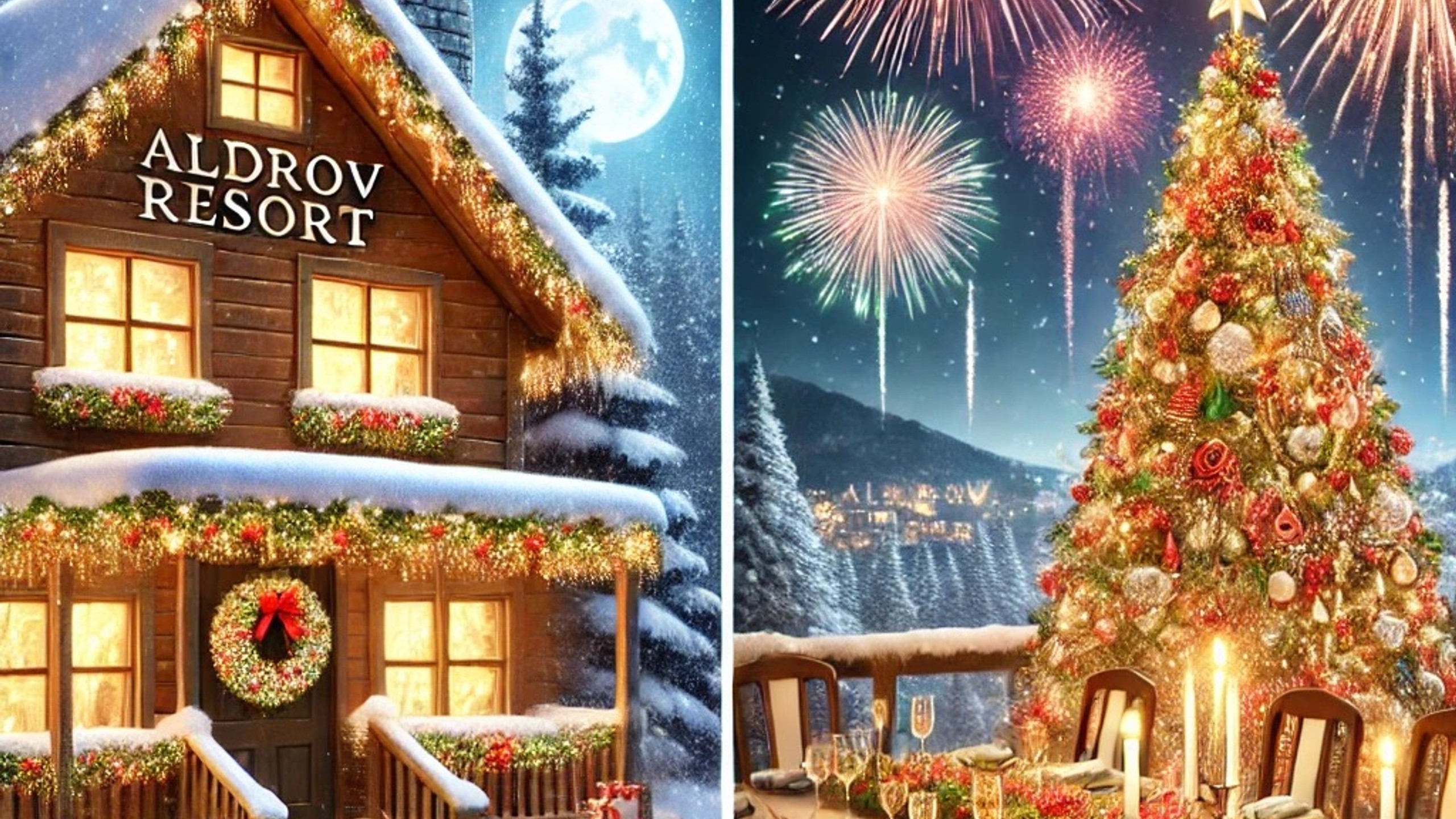 DALL·E 2024-12-02 14.51.12 - A festive illustration depicting both Christmas and New Year's Eve themes for Aldrov Resort. The scene features a cozy lodge with snow-covered rooftop.jpeg